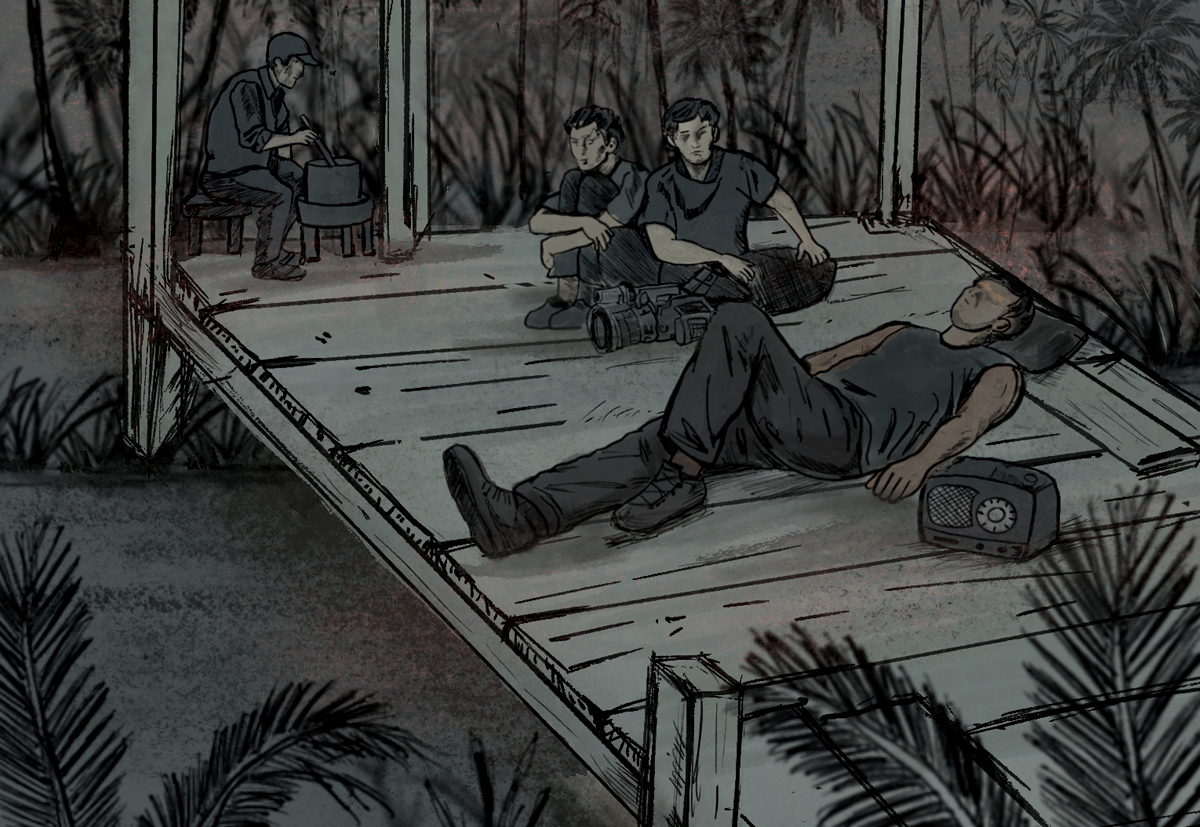 Ilustrasi empat pria sedang beristirahat dan berbaring di dalam sebuah gubuk kayu, dengan sebuah kamera dan sebuah radio di lantai.