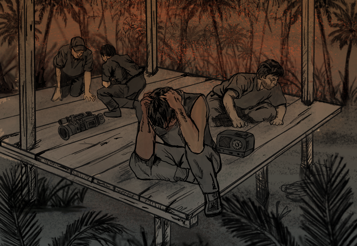 Ilustrasi empat pria berjongkok di dalam gubuk kayu, kamera dan radio berada di lantai